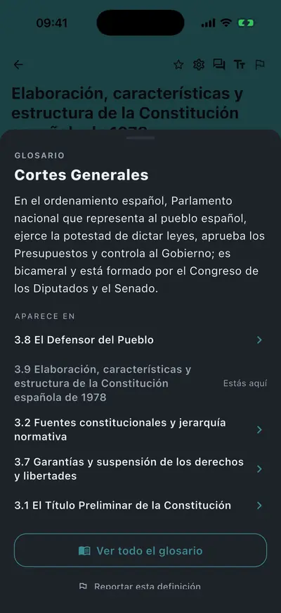 La definición de un término, abierta al tocarlo en el tema